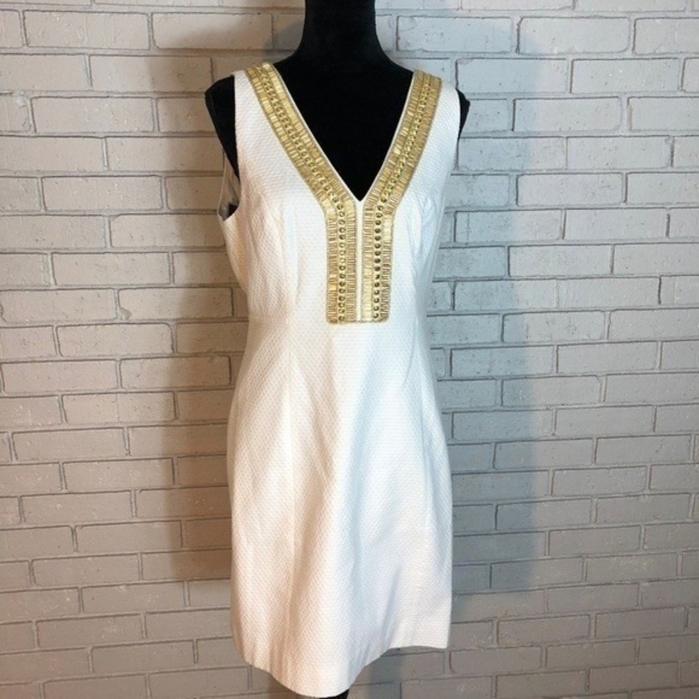 Lilly Pulitzer Eliot White Gold Embellished V-Neck Shift Dress NWT